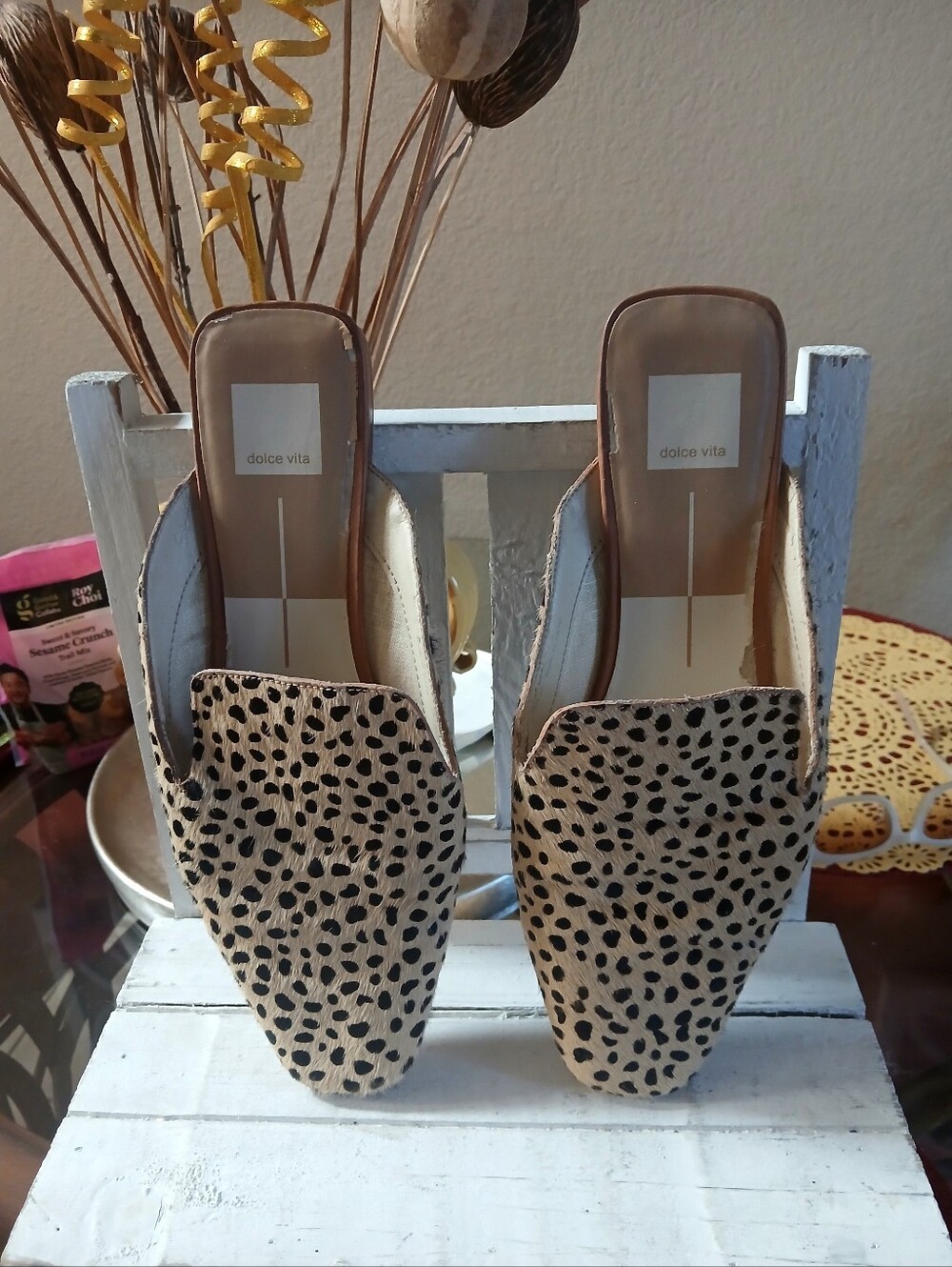Dolce Vita Beige Tan Leopard Print Slip-On Mules In Calf Hair